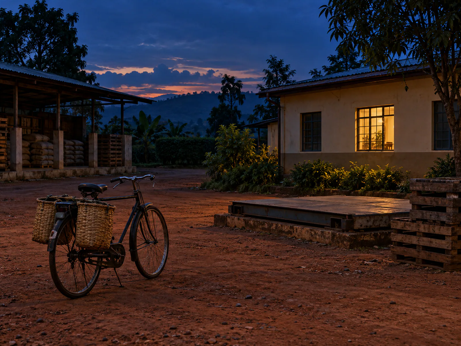 Illustrative working yard at dusk in Uganda with a single lit office window and a parked bicycle.
